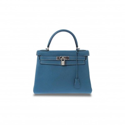 HERMÈS MASTER KELLY 28 TOGO DENIM BLUE SILVER BUCKLE (28*22*10cm) 